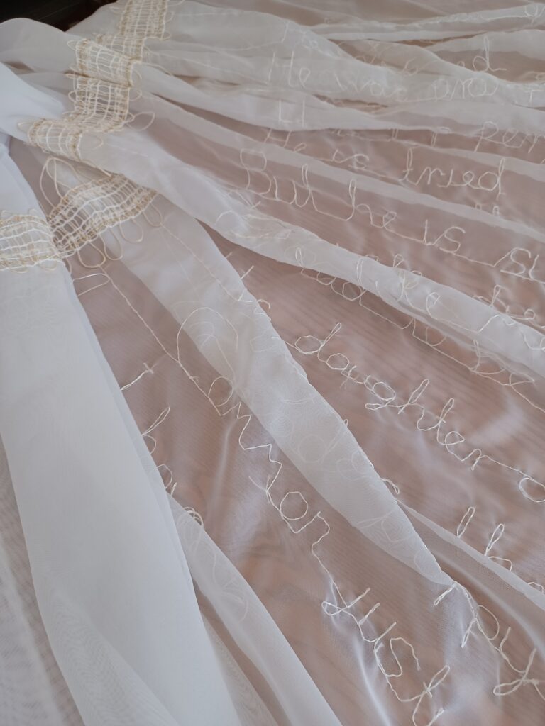 Whispers from the library (detail), handmade bobbin lace and embroidery, 150 x 230 cm