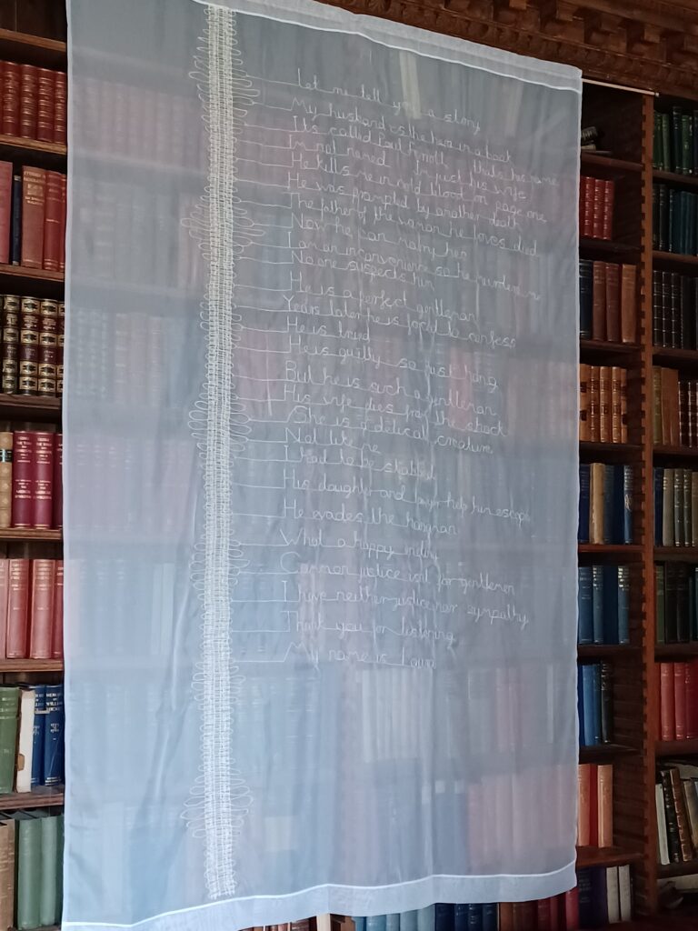 Whispers from the library, handmade bobbin lace and embroidery, 150 x 230 cm